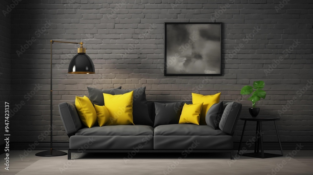 A dark gray couch, yellow pillows, a floor lamp, a black brick wall, modern house. Generative ai A dark gray couch, yellow pillows, a floor lamp, a black brick wall, modern house. Generative ai