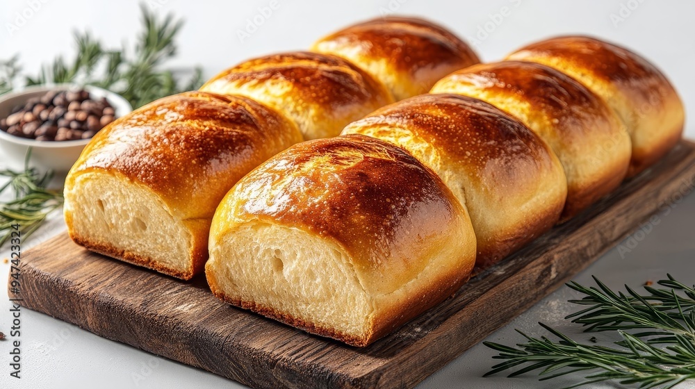 Freshly baked artisanal bread loaf on wooden board, rustic style, warm golden hues with deep shadows, smooth texture, large negative space, sunset gradient