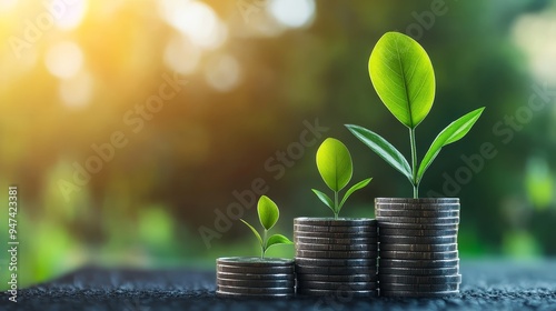 Green Plant Sprouting From Stack of Coins Financial Growth Concept Money Investment