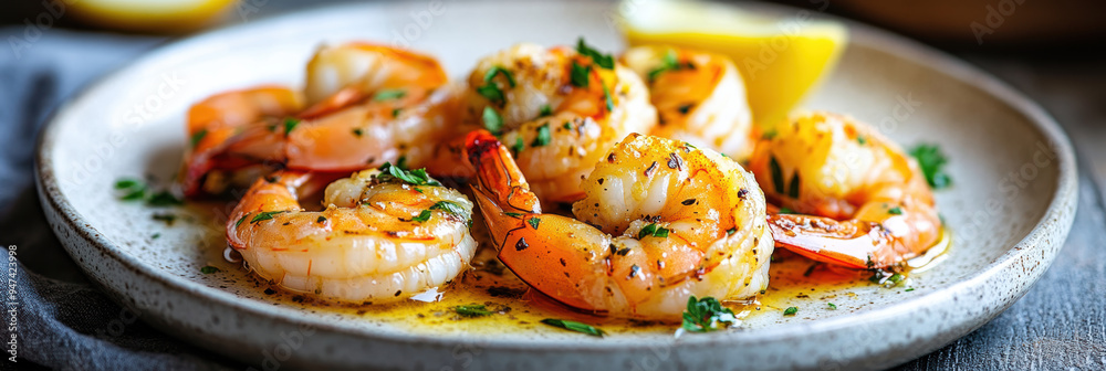 jumbo prawns in butter and garlic sauce. AI generative. jumbo prawns in butter and garlic sauce. AI generative.