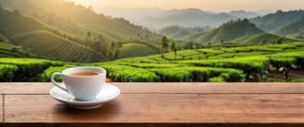 A Cup of Tea with a View of Lush Green Tea Plantation and Hills A Cup of Tea with a View of Lush Green Tea Plantation and Hills