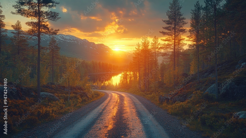 Winding road leading to a mountain lake with golden sunset reflecting in the water Winding road leading to a mountain lake with golden sunset reflecting in the water