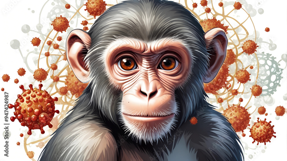 A monkey portrait with stylized virus background evokes concerns around viral transmission and disease risks, suggesting themes of epidemiology, public health, and wildlife health issues. A monkey portrait with stylized virus background evokes concerns around viral transmission and disease risks, suggesting themes of epidemiology, public health, and wildlife health issues.