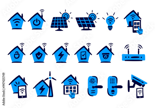 Smart home icon set illustration in hand drawn doodle style. Various smart house device icons doodle set