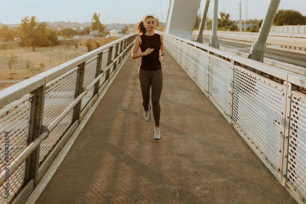 Determined runner jogs along a sunlit bridge during the golden hour, blending fitness and serenity in an urban landscape