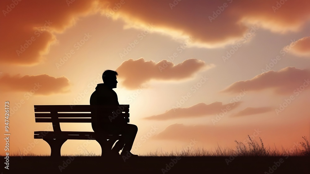 Obraz premium Silhouette of lonely man sitting alone seeing sunset sunrise on evening beach, in loneliness with emotional feeling, or peaceful with solitude,on copy space for text sky background