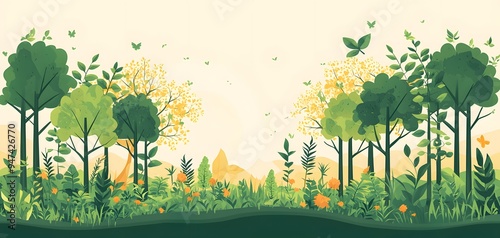 A lush green forest filled with various trees and colorful flowers, creating a serene atmosphere for eco enthusiasts and visual peace. The background shows gentle hills and butterflies. photo