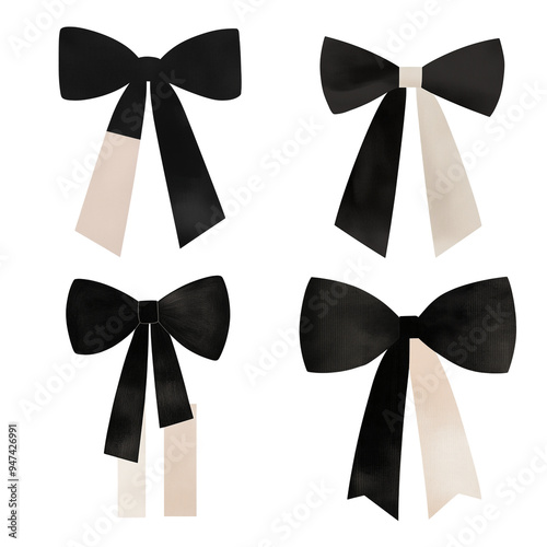 Set of Decorative Bows in Various Styles for Gift Wrapping and Holiday, Halloween Celebrations.