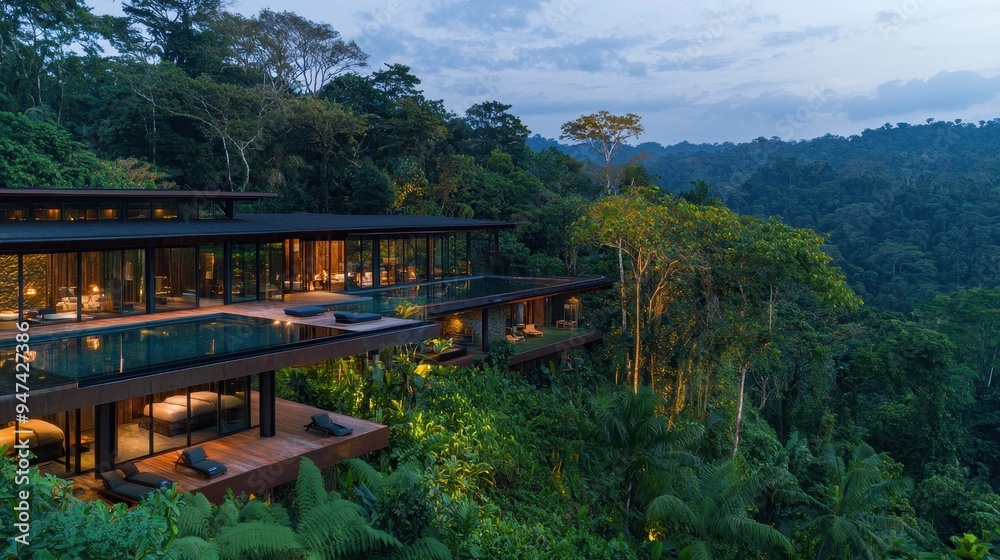 Modern Luxury Villa with Infinity Pool Overlooking Rainforest at Dusk Modern Luxury Villa with Infinity Pool Overlooking Rainforest at Dusk