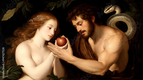 Adam and Eve in the Garden of Eden. AI generative.