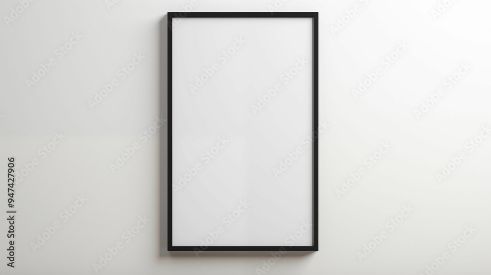 A vertical black frame mockup isolated on a white wall background. Generative ai A vertical black frame mockup isolated on a white wall background. Generative ai