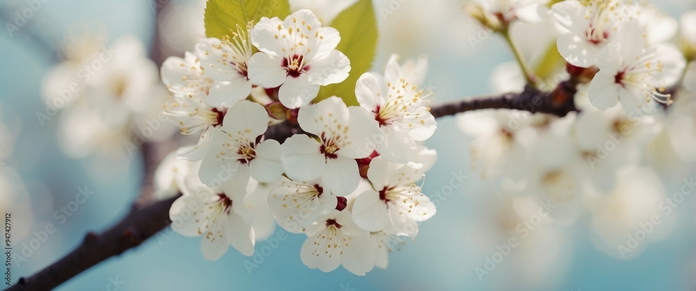Close-up of White Blossoms on a Branch with a Blue Background Close-up of White Blossoms on a Branch with a Blue Background