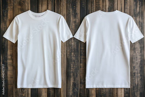 Whit blank t shirt on wooden background for mockup, front and back viewemempty