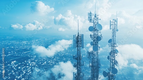 Cellular Towers Over Cityscape with Clouds