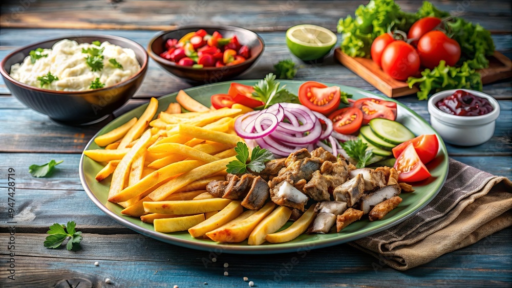 Greek gyros dish with french fries and vegetables , Greek, gyros, dish, food, cuisine, Mediterranean, delicious, traditional, sandwich Greek gyros dish with french fries and vegetables , Greek, gyros, dish, food, cuisine, Mediterranean, delicious, traditional, sandwich