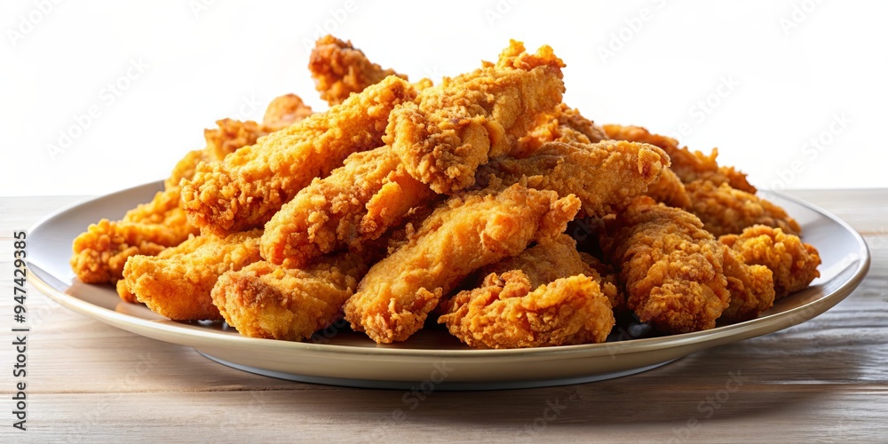 Delicious golden crispy chicken strips on a plate , fried, snack, appetizer, fast food, tasty, crunchy, breaded, meal Delicious golden crispy chicken strips on a plate , fried, snack, appetizer, fast food, tasty, crunchy, breaded, meal