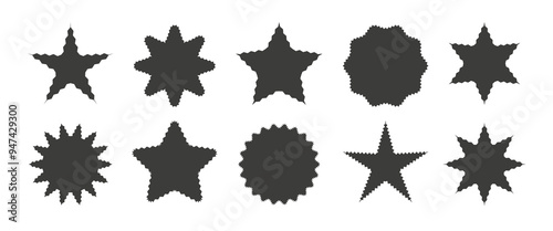 Zigzag edge star collection. Black jagged sticker or stamp set with wavy edges