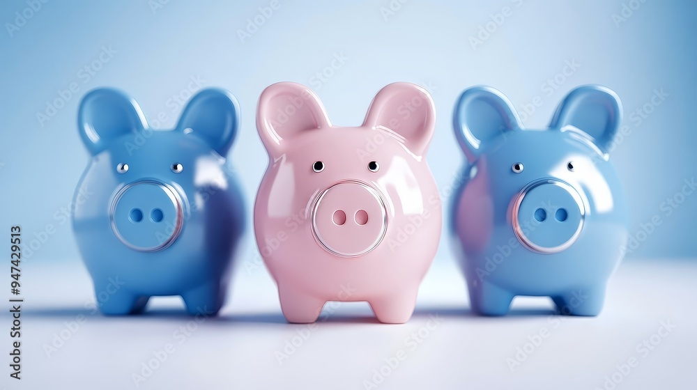 Pink Piggy Bank Standing Out Among Blue Piggy Banks Pink Piggy Bank Standing Out Among Blue Piggy Banks