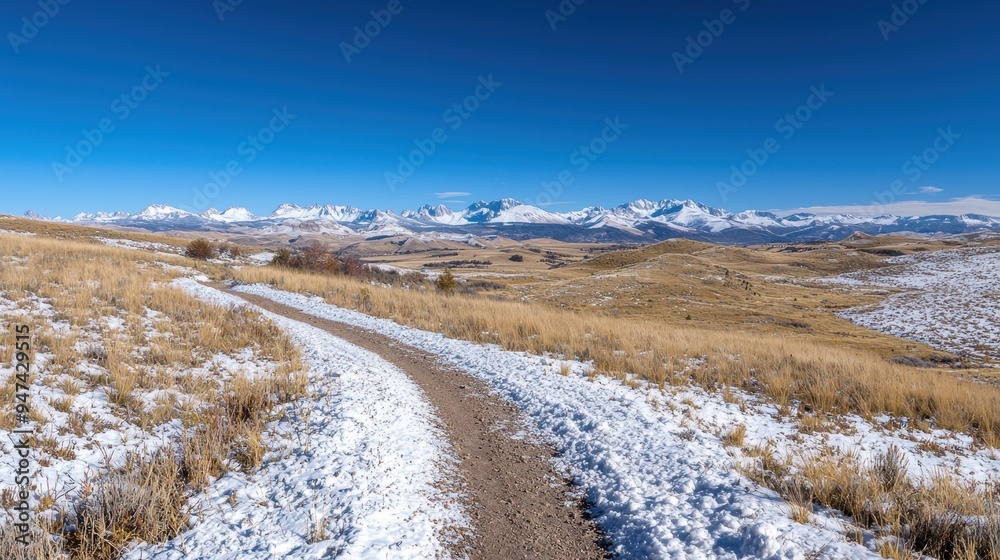 Snow Covered Path Leading to Mountain Range Under Blue Sky Snow Covered Path Leading to Mountain Range Under Blue Sky