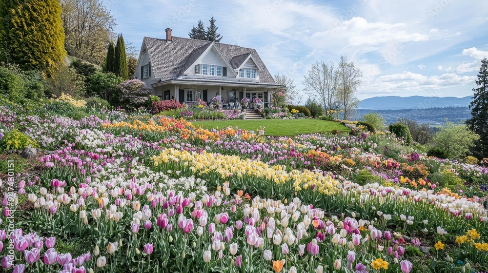 Spring House with Colorful Tulip Garden and Mountain View Spring House with Colorful Tulip Garden and Mountain View