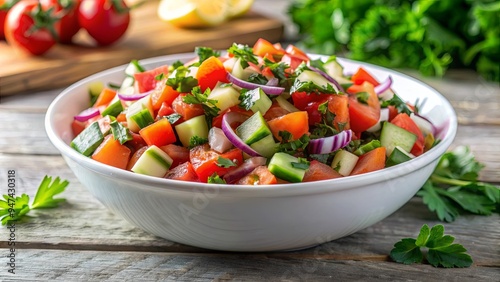 Fresh and colorful Turkish Shepherd Salad, Coban Salatasi in a white bowl, healthy, vegetarian, Turkish cuisine