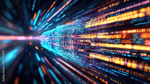 Abstract Digital Data Flow Tunnel with Binary Code and Glowing Lights