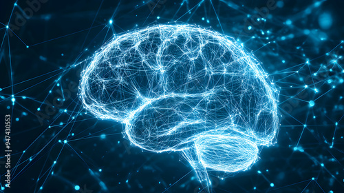 A digital blueprint-style illustration of a human brain, with glowing plexus lines drawn in precise, technical lines. The brain is depicted in a wireframe design photo