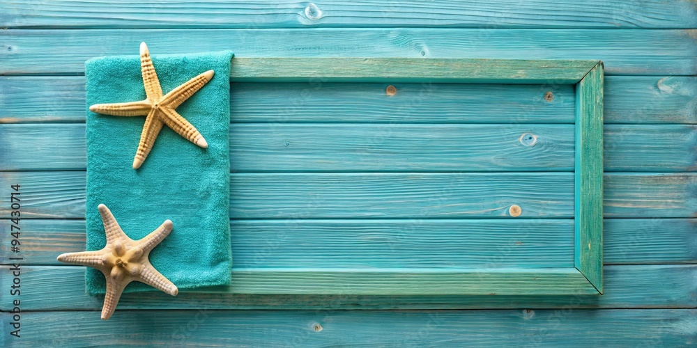 Teal blue wood sign with beach towel and starfish border , beach, towel, starfish, border, teal, blue, wood sign, summer Teal blue wood sign with beach towel and starfish border , beach, towel, starfish, border, teal, blue, wood sign, summer
