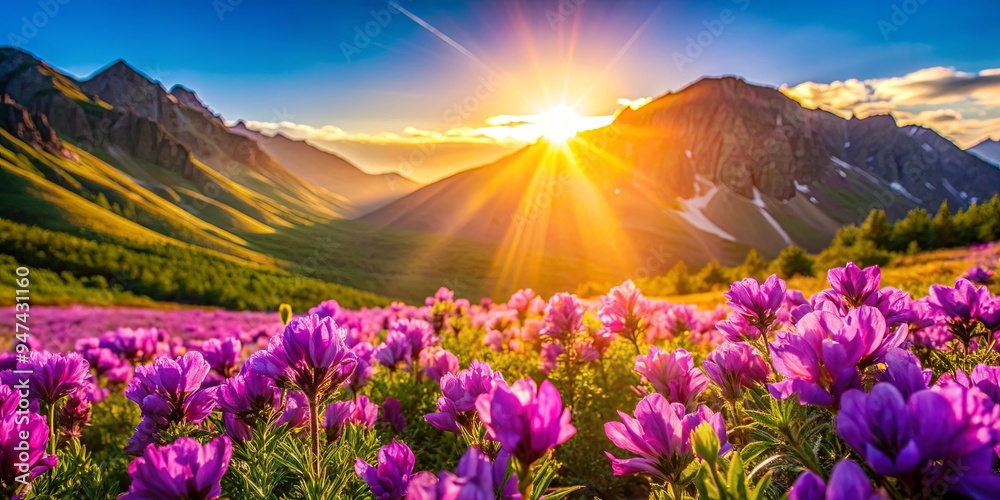 Sunshine casting a warm glow over vibrant purple flowers blooming in the mountains, mountains, sunshine, purple, flowers Sunshine casting a warm glow over vibrant purple flowers blooming in the mountains, mountains, sunshine, purple, flowers