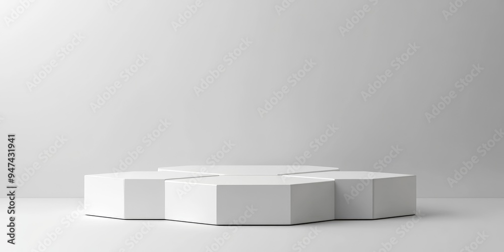 Minimalist 3D hexagon podium in white and gray tones Abstract geometric shape rendering Ideal display for cosmetic and beauty fashion products Minimalist 3D hexagon podium in white and gray tones Abstract geometric shape rendering Ideal display for cosmetic and beauty fashion products