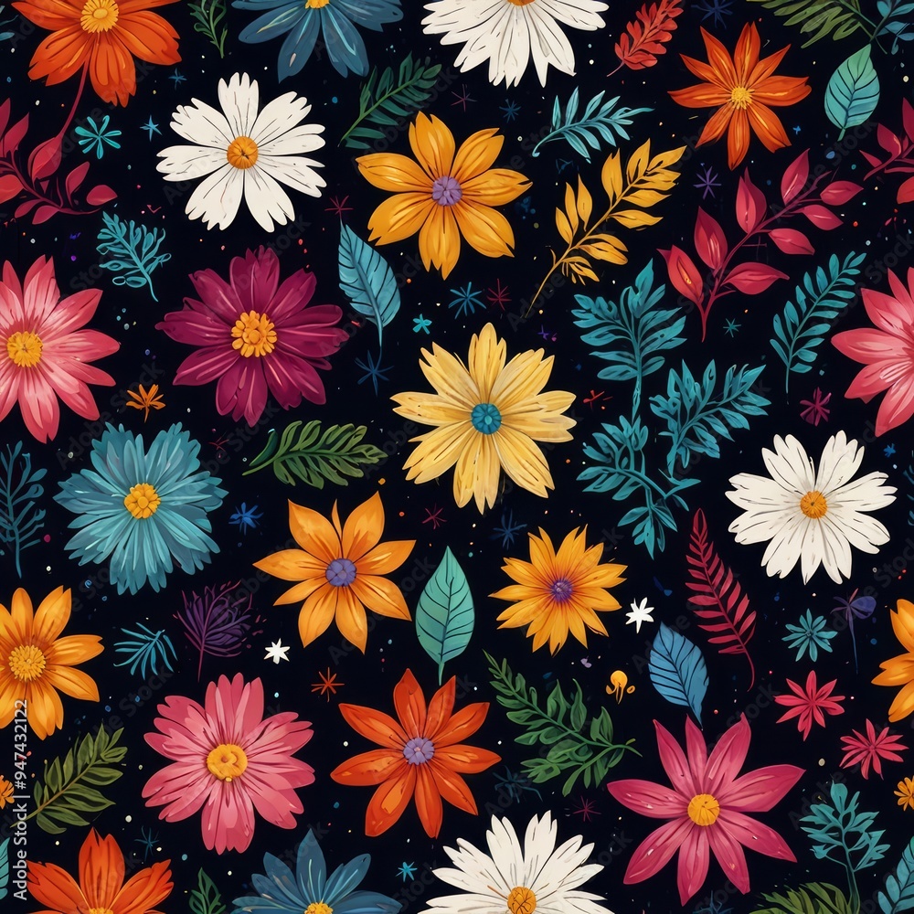bright colorful flowers, seamless patterns, fabric art, starry night
bright colorful flowers, seamless patterns, fabric art, starry night