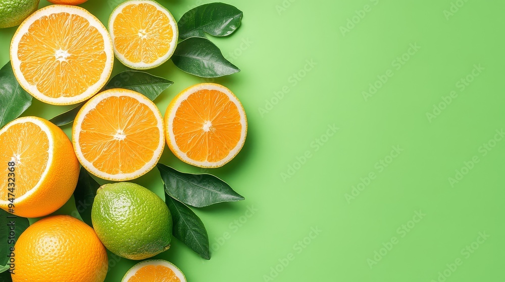 Fresh Oranges and Limes on Green Background Fresh Oranges and Limes on Green Background
