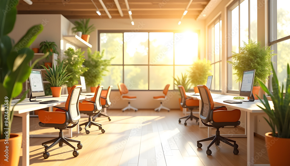 Fototapeta premium Open Workspace with Natural Light and Green Plant Decor