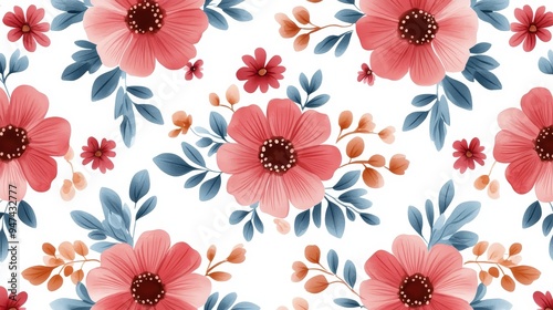 Watercolor Floral Seamless Pattern Pink Flowers Blue Leaves White Background