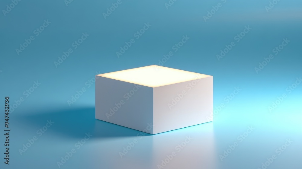White illuminated square podium on a blue backdrop Minimalistic white box pedestal for showcasing products 3D rendering Size comparable to a phone White illuminated square podium on a blue backdrop Minimalistic white box pedestal for showcasing products 3D rendering Size comparable to a phone
