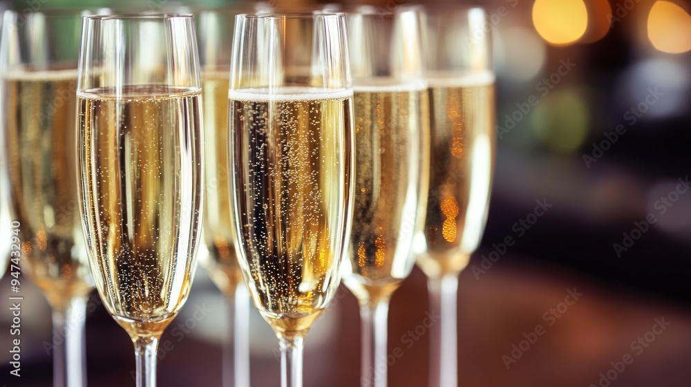 A row of glasses filled with champagne are lined up ready to be served A row of glasses filled with champagne are lined up ready to be served