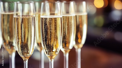 A row of glasses filled with champagne are lined up ready to be served