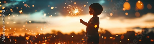 A silhouette of a child holding a sparkler while watching a distant fireworks show, with the sky lit up, warm tones, night scene, dynamic shot, nostalgic mood
