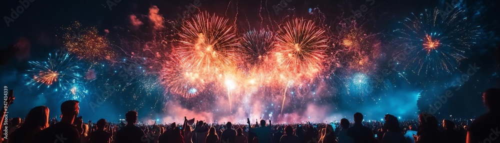 Fireworks exploding above a crowded festival, with people looking up in awe, wideangle shot, bright colors, night scene, festive atmosphere Fireworks exploding above a crowded festival, with people looking up in awe, wideangle shot, bright colors, night scene, festive atmosphere