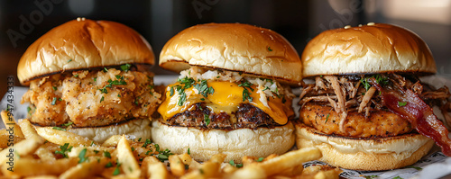 Three Gourmet burgers with Bacon and Cheese photo