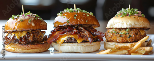 Three Gourmet burgers with Bacon and Cheese photo