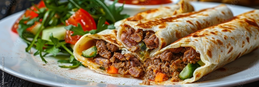 Barbeque Meat Shaverma, Doner Kebab with Vegetables, Tortilla Rolls Stuffed with Sliced Fried Fillet Barbeque Meat Shaverma, Doner Kebab with Vegetables, Tortilla Rolls Stuffed with Sliced Fried Fillet