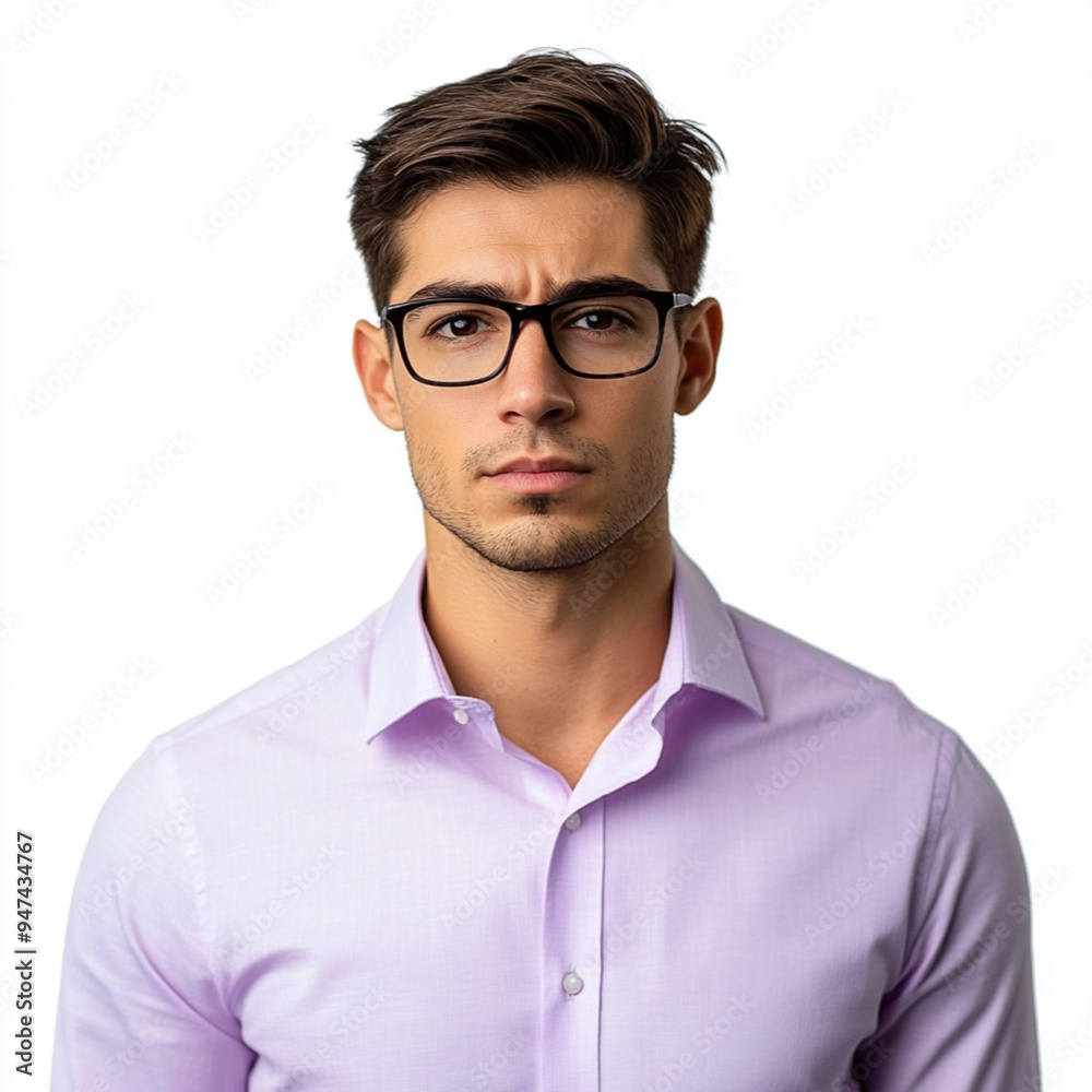 A nervous looking man of nordic descent, in his 20s, short dark hair with glasses, wearing a light purple shirt with a white background A nervous looking man of nordic descent, in his 20s, short dark hair with glasses, wearing a light purple shirt with a white background