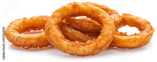 A set of golden, crispy fried onion rings isolated against a clean white background photo