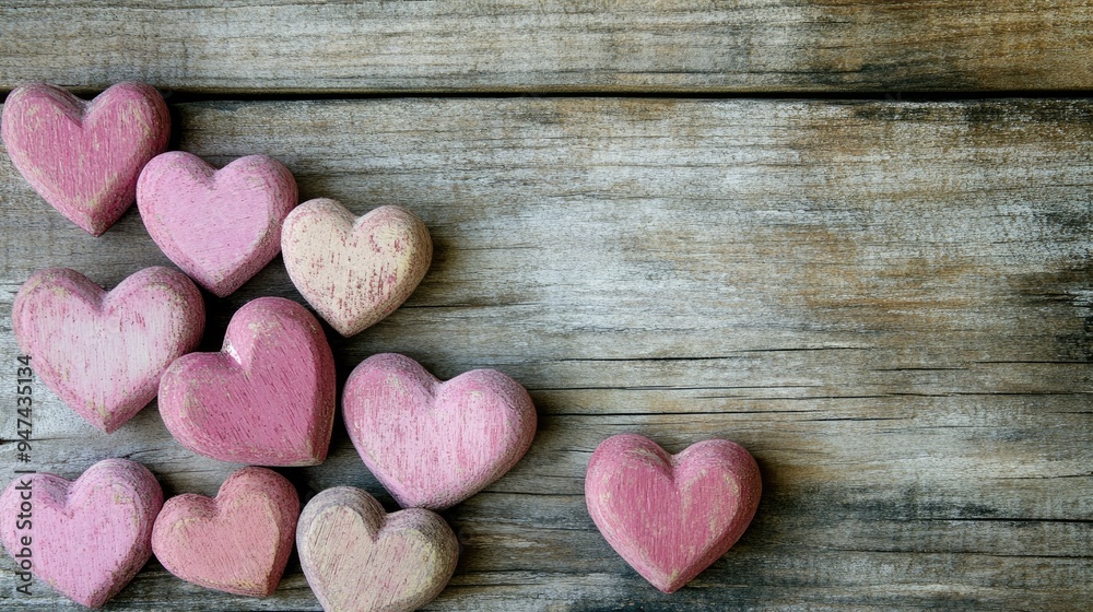 A collection of pink hearts on a rustic wooden surface, with ample space for text or a greeting. A collection of pink hearts on a rustic wooden surface, with ample space for text or a greeting.
