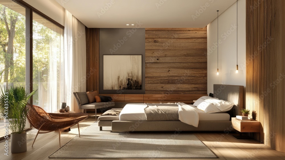 Fototapeta premium A contemporary bedroom blending modern design with rustic wooden touches, highlighted by a captivating artistic wall panel.