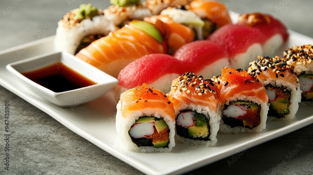 A delicious plate of assorted sushi, accompanied by a small dish of soy sauce, ready for dipping. A delicious plate of assorted sushi, accompanied by a small dish of soy sauce, ready for dipping.