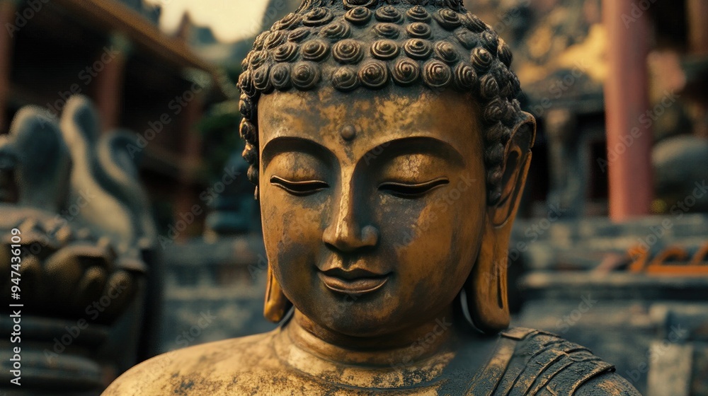 A detailed shot of a golden Buddha statue in an ancient temple, with weathered carvings and a peaceful aura. A detailed shot of a golden Buddha statue in an ancient temple, with weathered carvings and a peaceful aura.