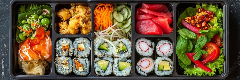 Japanese Bento Box, Asian Style Lunch Box with Sushi Rolls, Salad and Fresh Sea Food Top View Japanese Bento Box, Asian Style Lunch Box with Sushi Rolls, Salad and Fresh Sea Food Top View