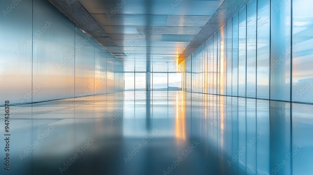 Glass Corridor with Cityscape View and Sun Reflection Glass Corridor with Cityscape View and Sun Reflection